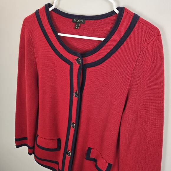 Talbots Red Knit Schoolgirl Preppy Navy Trim Fitted Cardigan Sweater Y2K L Pet - Picture 3 of 7